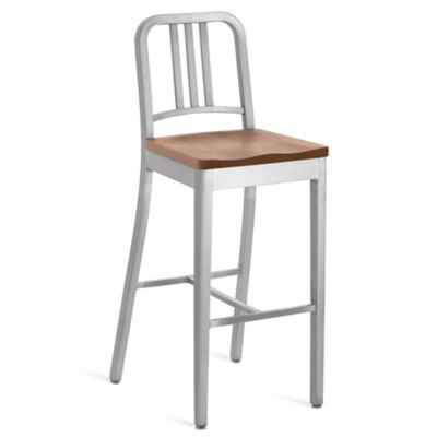 Emeco Navy Stool, Wooden Seat - Color: Silver - Size: Bar - 1104 24 WHITE O