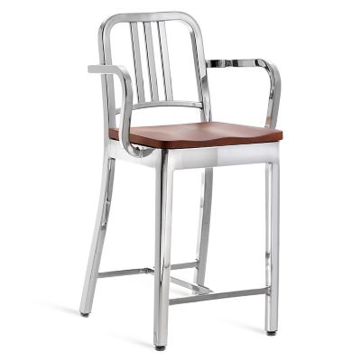 Emeco Navy Stool with Arms, Wood Seat - Color: Silver - Size: Counter Heigh