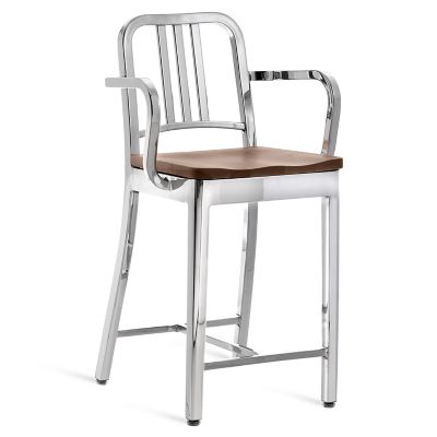 Emeco Navy Stool with Arms, Wood Seat - Color: Silver - Size: Counter Heigh