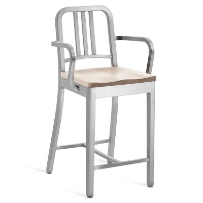 Emeco Navy Stool with Arms, Wood Seat - Color: Silver - Size: Counter Heigh