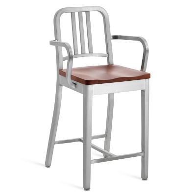 Emeco Navy Stool with Arms, Wood Seat - Color: Silver - Size: Counter Heigh