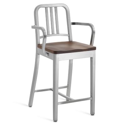 Emeco Navy Stool with Arms, Wood Seat - Color: Silver - Size: Counter Heigh