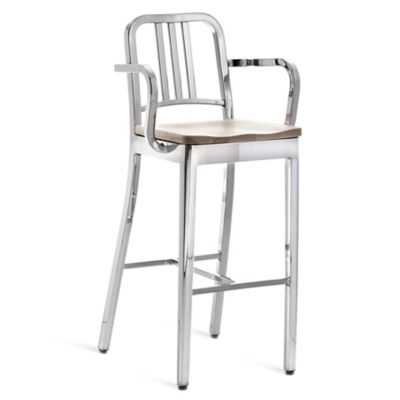 Emeco Navy Stool with Arms, Wood Seat - Color: Silver - Size: Bar Height - 