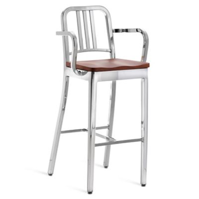 Emeco Navy Stool with Arms, Wood Seat - Color: Silver - Size: Bar Height - 