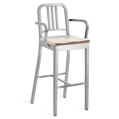 Emeco Navy Stool with Arms, Wood Seat - Color: Silver - Size: Bar Height - 