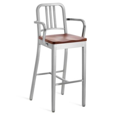 Emeco Navy Stool with Arms, Wood Seat - Color: Silver - Size: Bar Height - 