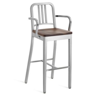 Emeco Navy Stool with Arms, Wood Seat - Color: Silver - Size: Bar Height - 