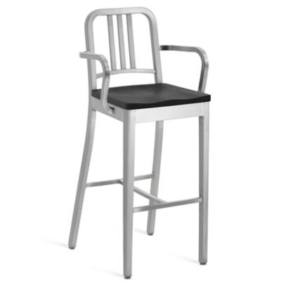 Emeco Navy Stool with Arms, Wood Seat - Color: Silver - Size: Bar Height - 