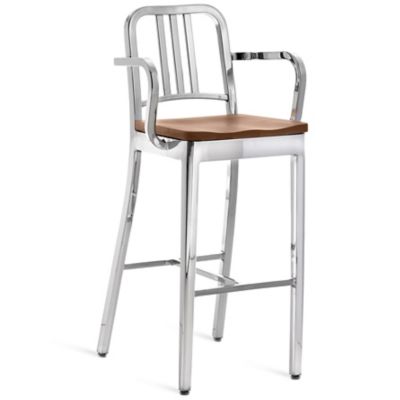 Emeco Navy Stool with Arms, Wood Seat - Color: Silver - Size: Bar Height - 