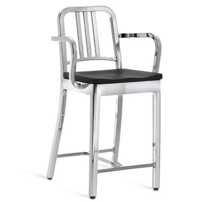 Emeco Navy Stool with Arms, Wood Seat - Color: Silver - Size: Counter Heigh