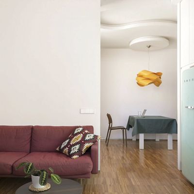 https://images.lumens.com/is/image/Shown in Yellow Shade, Nickel canopy finish, Small Size, in use
