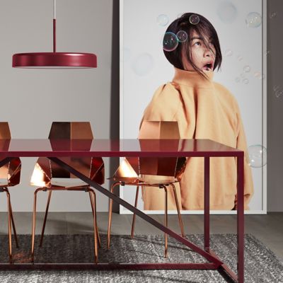 Strut Table with Real Good Chair and Bobber Pendant Light