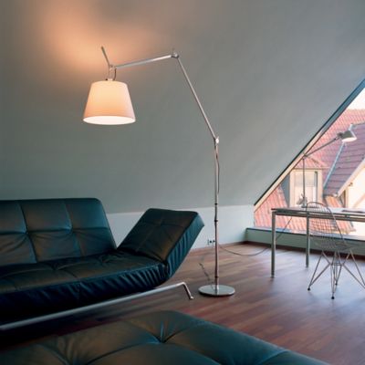 Shown in Parchment shade color, Aluminum Base finish, 14 inch size, in use