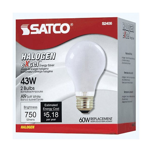 43W 120V A19 E26 White Halogen Bulb (2-PACK)